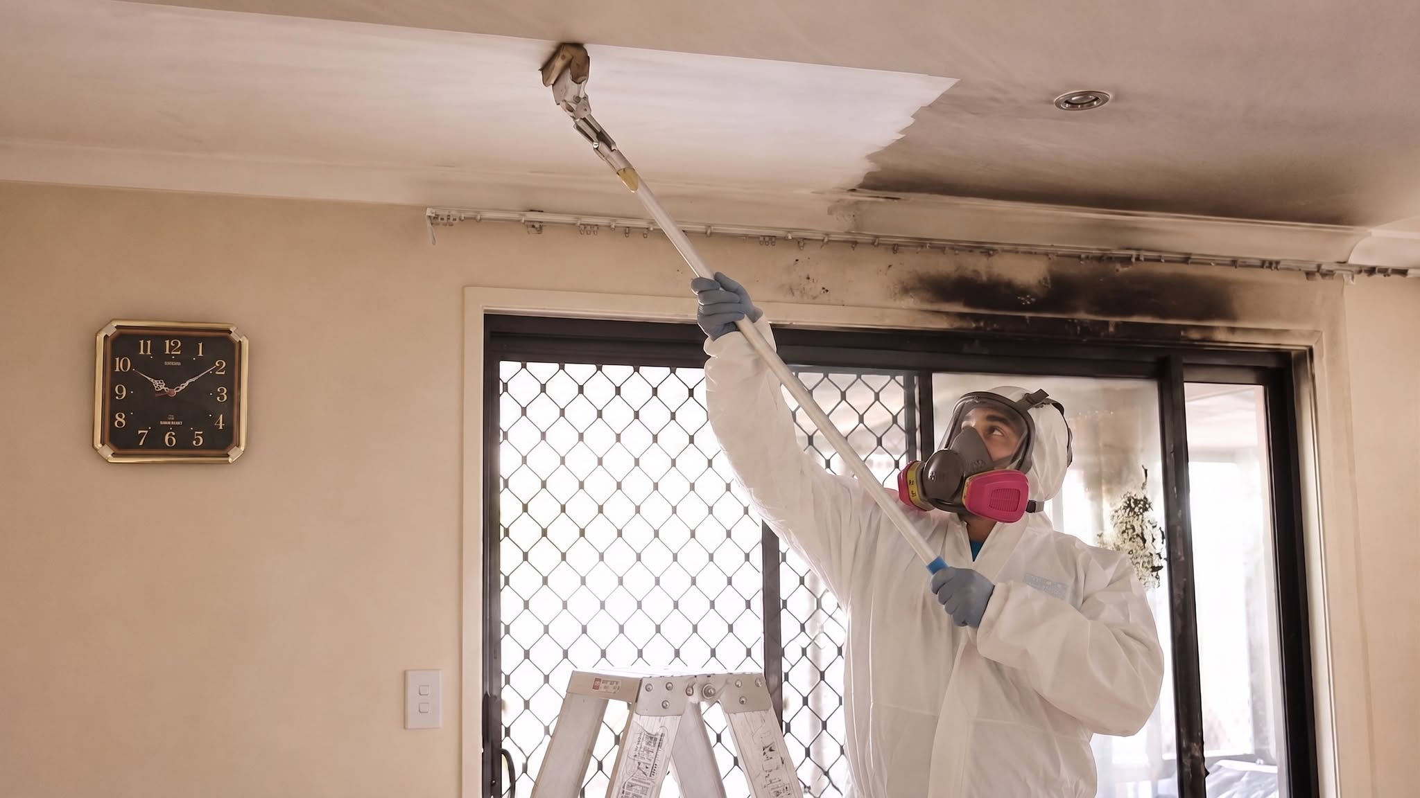 Restoration technician wearing a respirator while cleaning smoke and soot damage from a wall and ceiling in a Bellingham home.